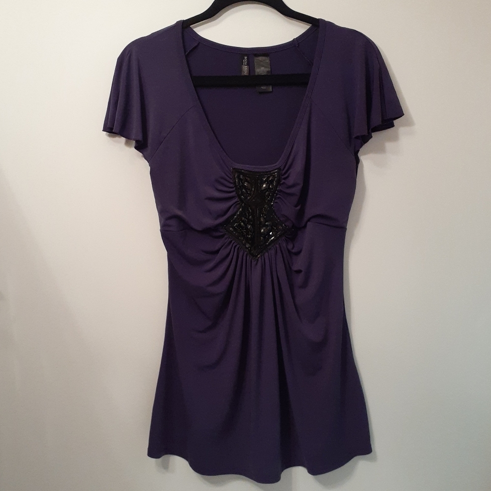 Bisou Bisou scoop neck purple and black cap sleeve